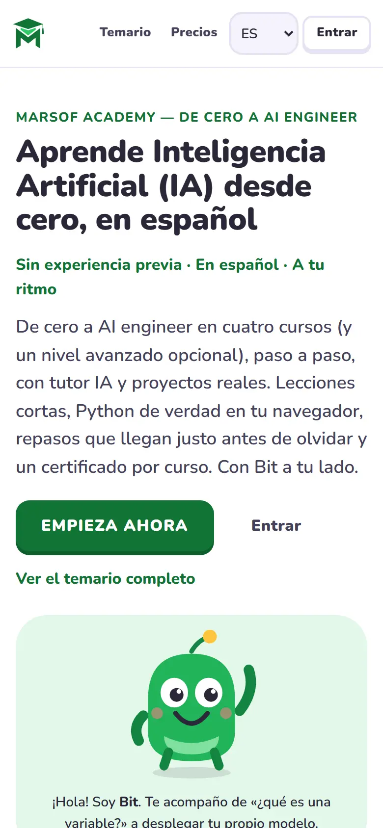 Portada de marsofacademy.com en un móvil